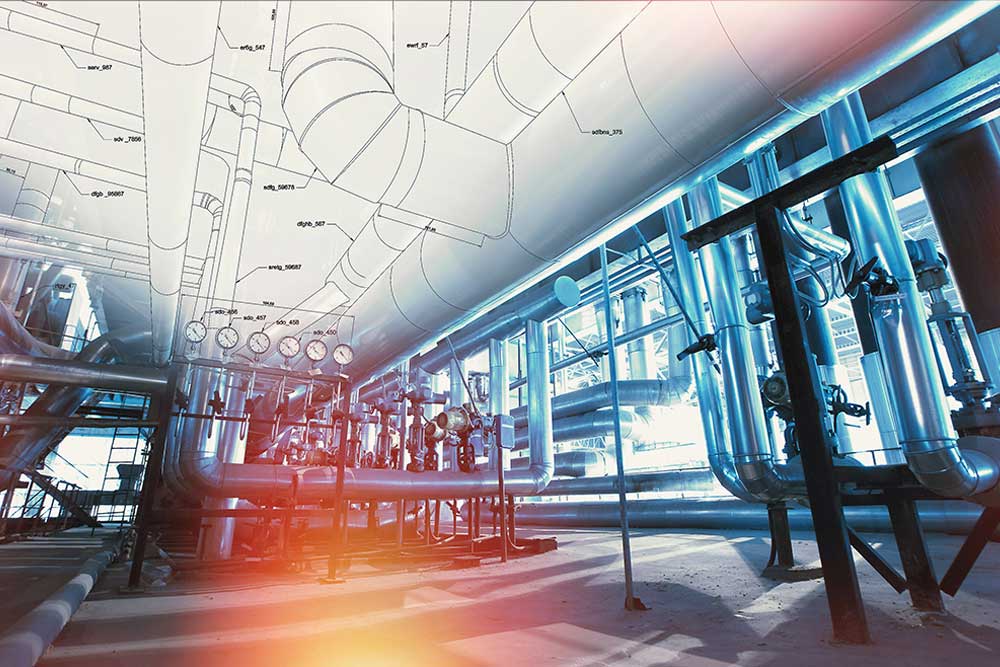 interior view of a heavy industrial site with pipes and a 3D scan overlayed